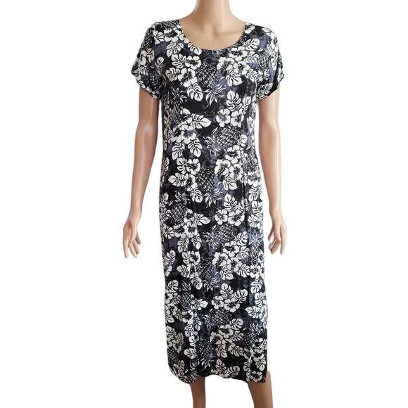 Royal Creations Hibiscus Gray/White Summer Midi Dress SMALL - Picture 1 of 13